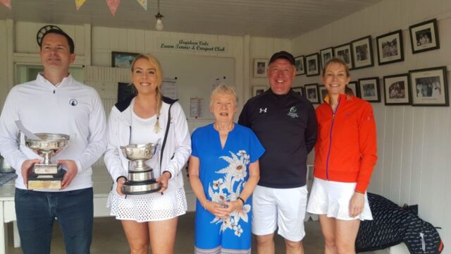 Open Mixed Doubles winners Paul Barry and Tara Higgins with President Eileen MacSweeney and Runners Up Aidan Cotter and Mags O'Driscoll