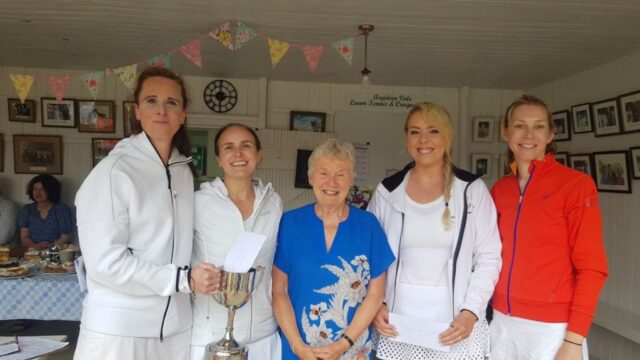 Women's Open Doubles winners Deirdre Swinburne and Marie Kinnane with President Eileen MacSweeney and Runners Up Tara Higgins and Mags O'Driscoll