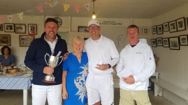 Men's H'cap Doubles Winners Justin Canty And Lucien Miu (missing from photo) with President Eileen MacSweeney and Runners Up Sean Lynch and Nick O'Riordan